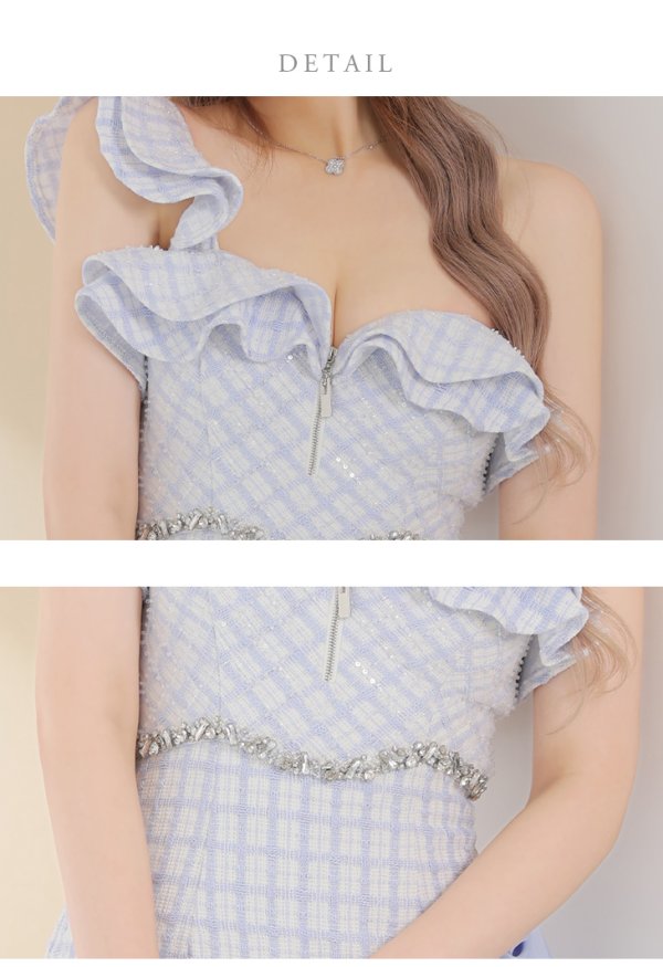 画像19: XSサイズあり【ROBE de FLEURS/ローブドフルール】チェック柄ツイード/ リボンワンショルダー/ マーメイド/ フリル/ ジップ/ ビジュー/ ミニドレス/ キャバドレス[OF08] (19)