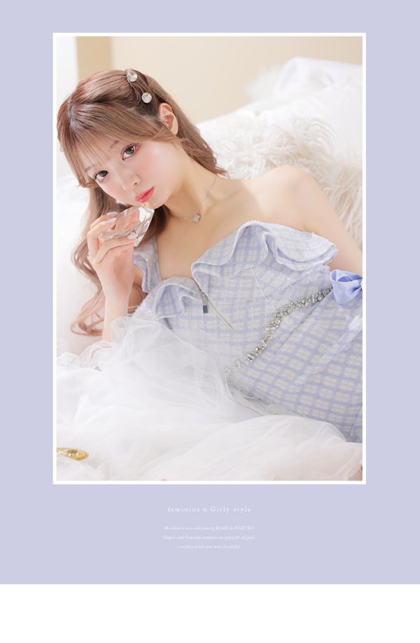 画像8: XSサイズあり【ROBE de FLEURS/ローブドフルール】チェック柄ツイード/ リボンワンショルダー/ マーメイド/ フリル/ ジップ/ ビジュー/ ミニドレス/ キャバドレス[OF08] (8)