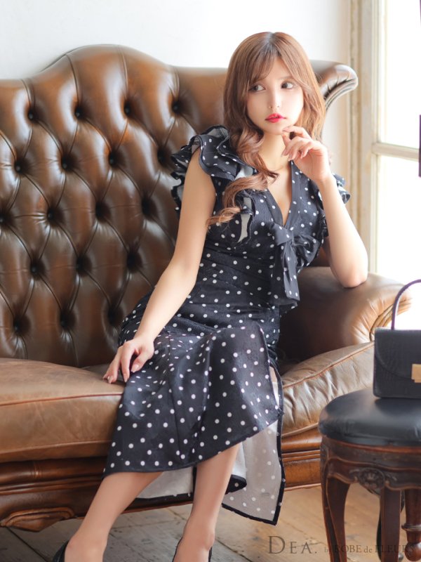 画像8: Lサイズあり【DEA./ディア】フリル/ リボン/ ドット/ マーメイド/ ミモレ丈/ ミディアムドレス/ キャバドレス【OF08】 (8)