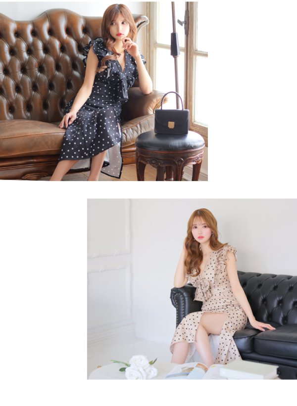 画像11: Lサイズあり【DEA./ディア】フリル/ リボン/ ドット/ マーメイド/ ミモレ丈/ ミディアムドレス/ キャバドレス【OF08】 (11)