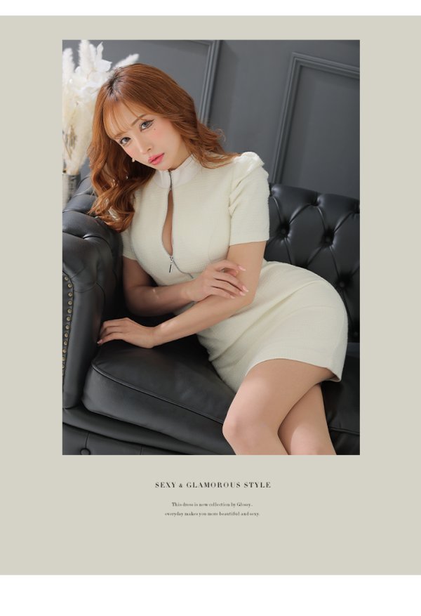 画像29: XSサイズあり【Glossy/グロッシー】バストジッパー/ スプリングツイード/ 半袖/ 袖あり/ ワンカラー/ タイト/ ミニドレス/ キャバドレス[OF08] (29)