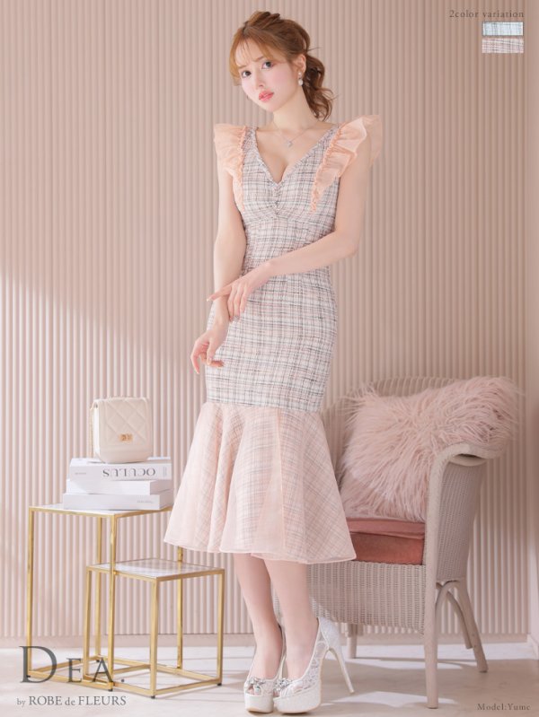 画像2: Lサイズあり【DEA./ディア】マーメイド/ チェックツイード/ フリルショルダー/ ミディドレス/ キャバドレス【OF08】 (2)