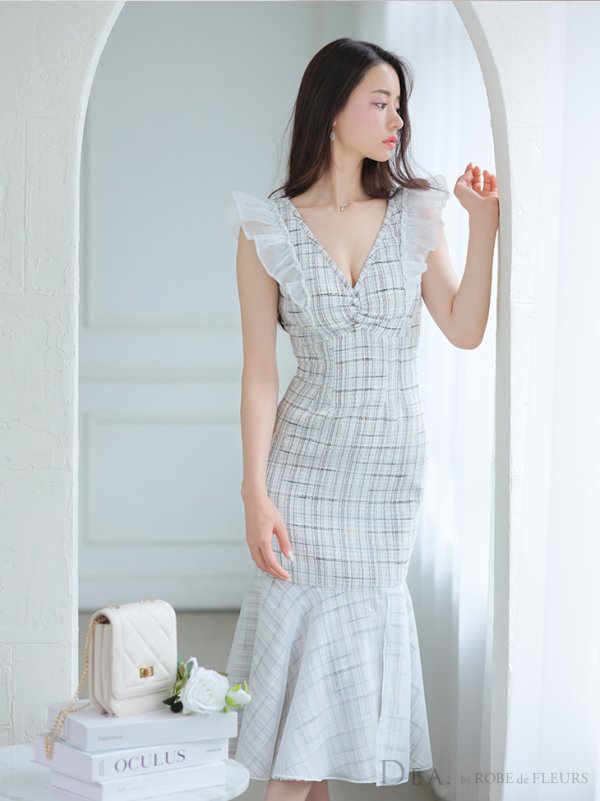 画像4: Lサイズあり【DEA./ディア】マーメイド/ チェックツイード/ フリルショルダー/ ミディドレス/ キャバドレス【OF08】 (4)