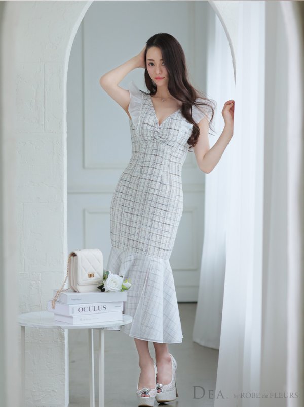 画像5: Lサイズあり【DEA./ディア】マーメイド/ チェックツイード/ フリルショルダー/ ミディドレス/ キャバドレス【OF08】 (5)