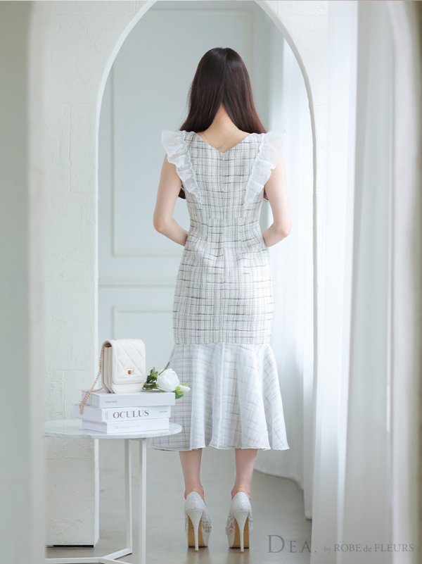 画像6: Lサイズあり【DEA./ディア】マーメイド/ チェックツイード/ フリルショルダー/ ミディドレス/ キャバドレス【OF08】 (6)