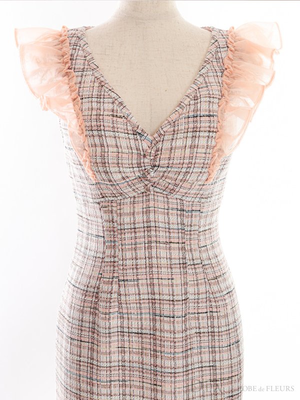 画像9: Lサイズあり【DEA./ディア】マーメイド/ チェックツイード/ フリルショルダー/ ミディドレス/ キャバドレス【OF08】 (9)