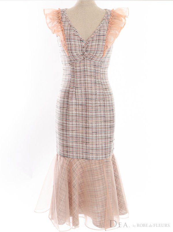 画像11: Lサイズあり【DEA./ディア】マーメイド/ チェックツイード/ フリルショルダー/ ミディドレス/ キャバドレス【OF08】 (11)