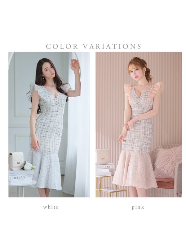 画像14: Lサイズあり【DEA./ディア】マーメイド/ チェックツイード/ フリルショルダー/ ミディドレス/ キャバドレス【OF08】 (14)