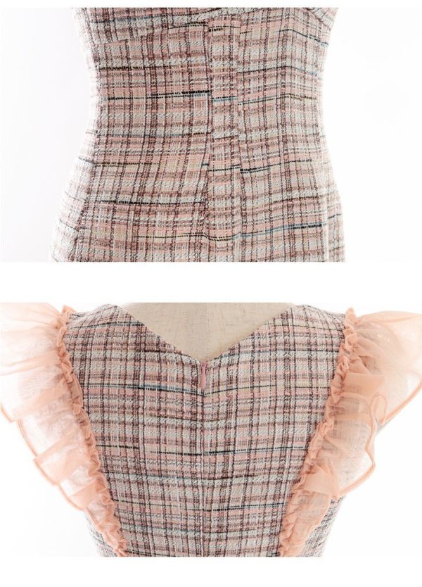 画像13: Lサイズあり【DEA./ディア】マーメイド/ チェックツイード/ フリルショルダー/ ミディドレス/ キャバドレス【OF08】 (13)