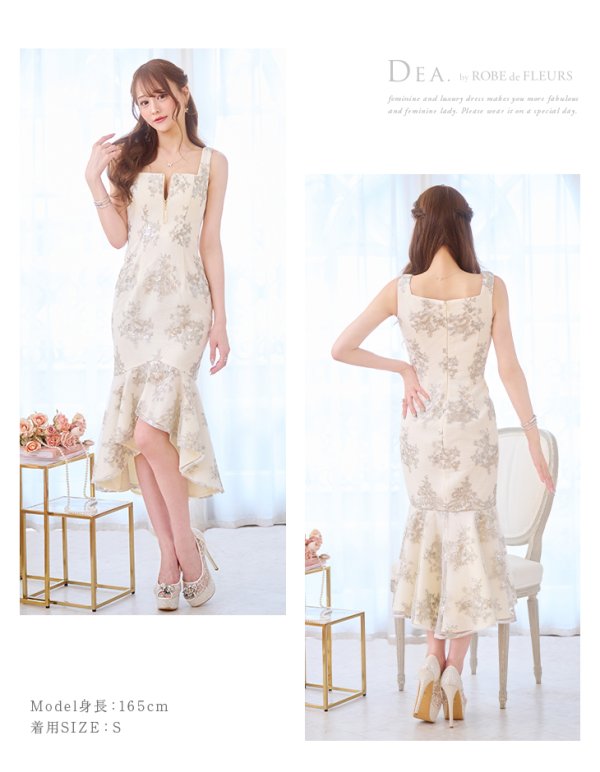 画像13: Lサイズあり【DEA./ディア】マーメイド/ フローラル/ バストジップ/ フリル/ テールカット/ ミディアムドレス/ キャバドレス【OF08】 (13)