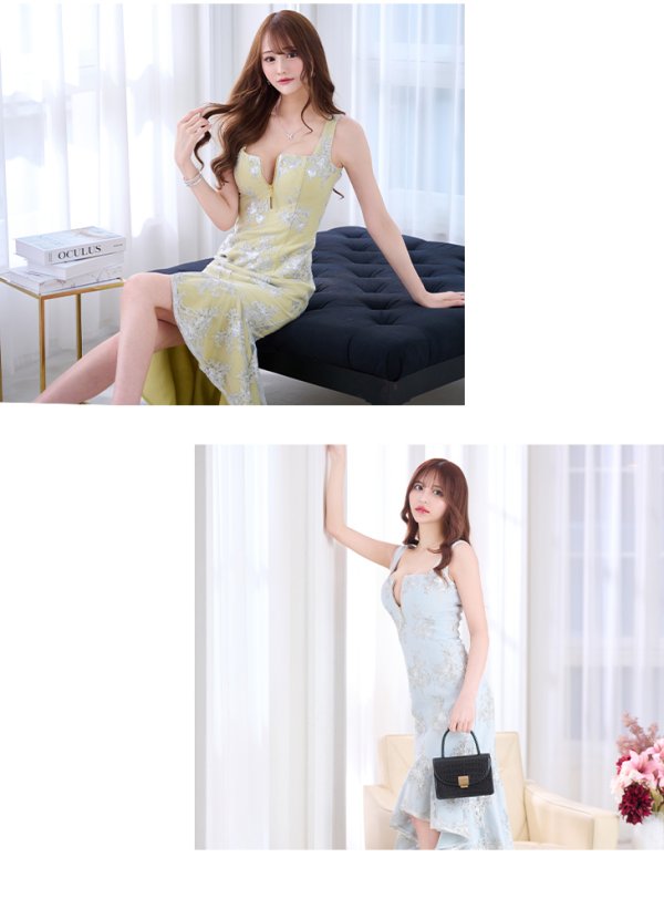 画像10: Lサイズあり【DEA./ディア】マーメイド/ フローラル/ バストジップ/ フリル/ テールカット/ ミディアムドレス/ キャバドレス【OF08】 (10)