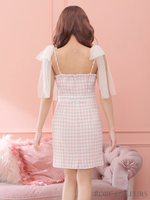 画像8: XSサイズあり【ROBE de FLEURS/ローブドフルール】ドットチュールリボン/ ツイード/ キャミソール/ バストジップ/ タイト/ ミニドレス/ キャバドレス[OF2] (8)