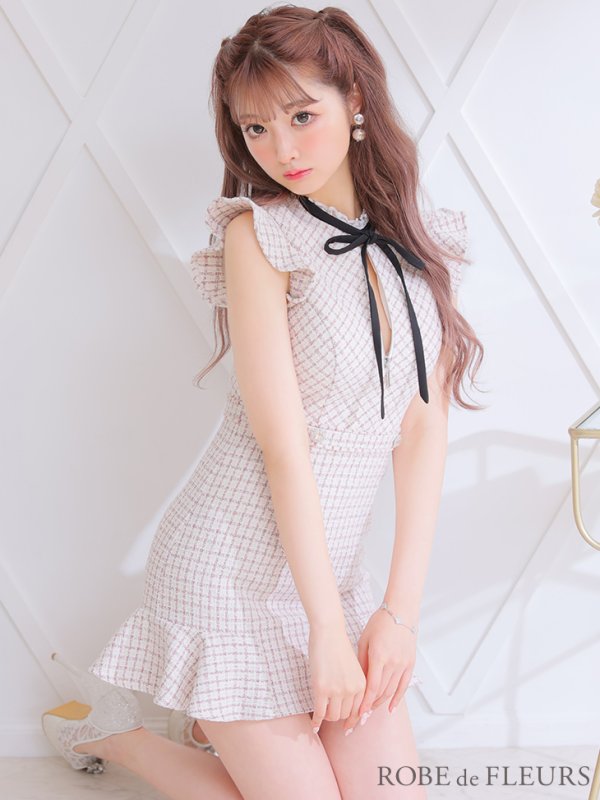 画像5: XSサイズあり【ROBE de FLEURS/ローブドフルール】チェックツイード/ マーメイド/ ネックリボン/ ジップ/ フリルショルダー/ ミニドレス/ キャバドレス[OF08] (5)