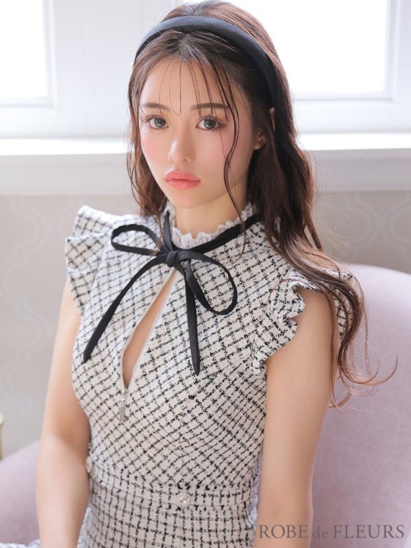 画像6: XSサイズあり【ROBE de FLEURS/ローブドフルール】チェックツイード/ マーメイド/ ネックリボン/ ジップ/ フリルショルダー/ ミニドレス/ キャバドレス[OF08] (6)