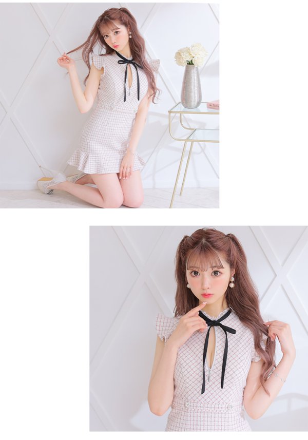 画像10: XSサイズあり【ROBE de FLEURS/ローブドフルール】チェックツイード/ マーメイド/ ネックリボン/ ジップ/ フリルショルダー/ ミニドレス/ キャバドレス[OF08] (10)