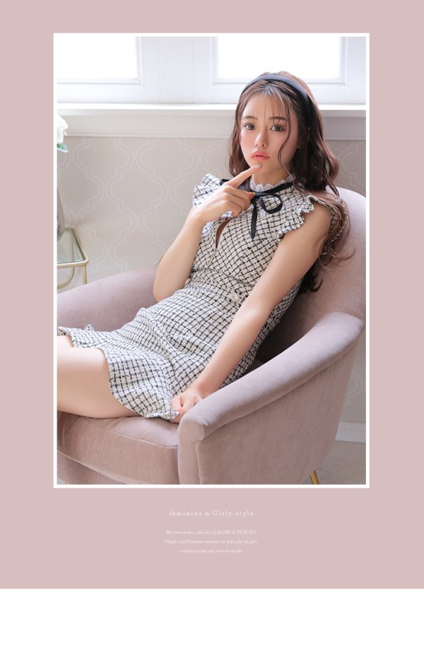画像11: XSサイズあり【ROBE de FLEURS/ローブドフルール】チェックツイード/ マーメイド/ ネックリボン/ ジップ/ フリルショルダー/ ミニドレス/ キャバドレス[OF08] (11)