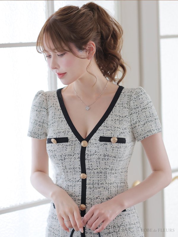 画像11: Lサイズあり【DEA./ディア】ツイードライクニット/ マーメード/ 半袖/ 袖あり/ ミモレ丈/ ミディアムドレス/ キャバドレス【OF08】 (11)