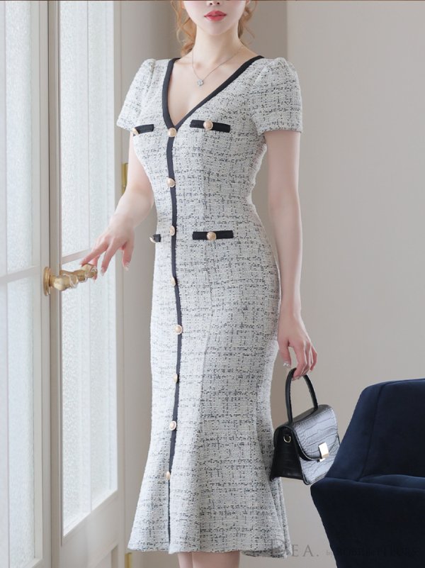 画像15: Lサイズあり【DEA./ディア】ツイードライクニット/ マーメード/ 半袖/ 袖あり/ ミモレ丈/ ミディアムドレス/ キャバドレス【OF08】 (15)