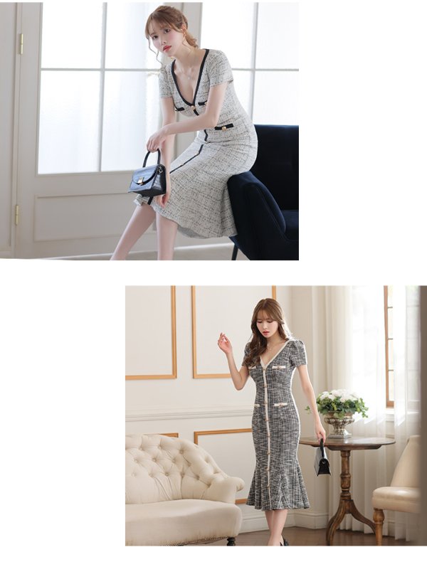 画像2: Lサイズあり【DEA./ディア】ツイードライクニット/ マーメード/ 半袖/ 袖あり/ ミモレ丈/ ミディアムドレス/ キャバドレス【OF08】 (2)