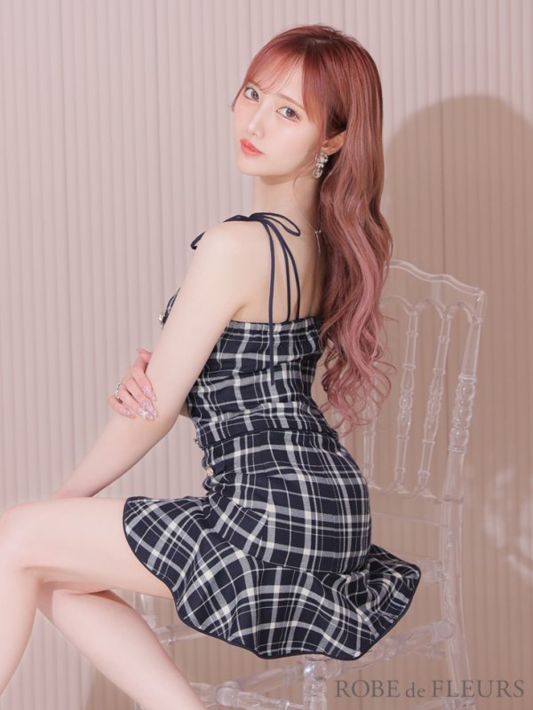 画像18: sugarコラボ商品☆【XSサイズあり】【ROBE de FLEURS/ローブドフルール】チェック柄/ マーメイド/ ショルダーリボン/ キャミソール/ セットアップ/ ミニドレス/ キャバドレス[OF08] (18)