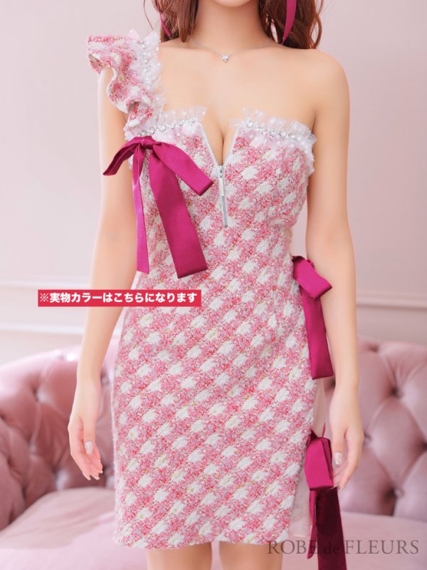画像3: sugar限定コラボ☆XS-Lサイズあり【ROBE de FLEURS/ローブドフルール】ツイード/ リボン/ ワンショルダー/ フロントジップ/ タイト/ ミニドレス/ キャバドレス[OF08] (3)
