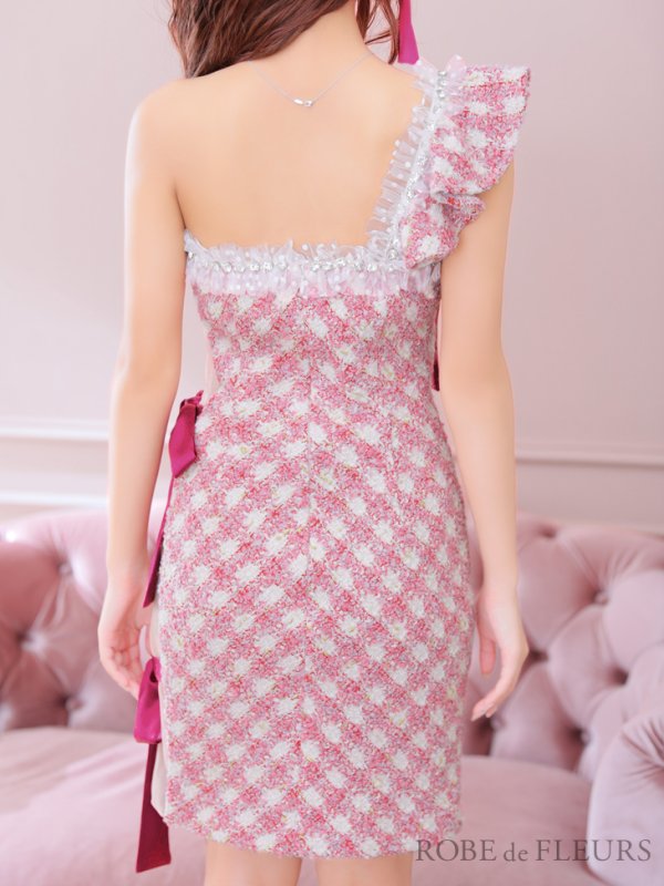 画像6: sugar限定コラボ☆XS-Lサイズあり【ROBE de FLEURS/ローブドフルール】ツイード/ リボン/ ワンショルダー/ フロントジップ/ タイト/ ミニドレス/ キャバドレス[OF08] (6)