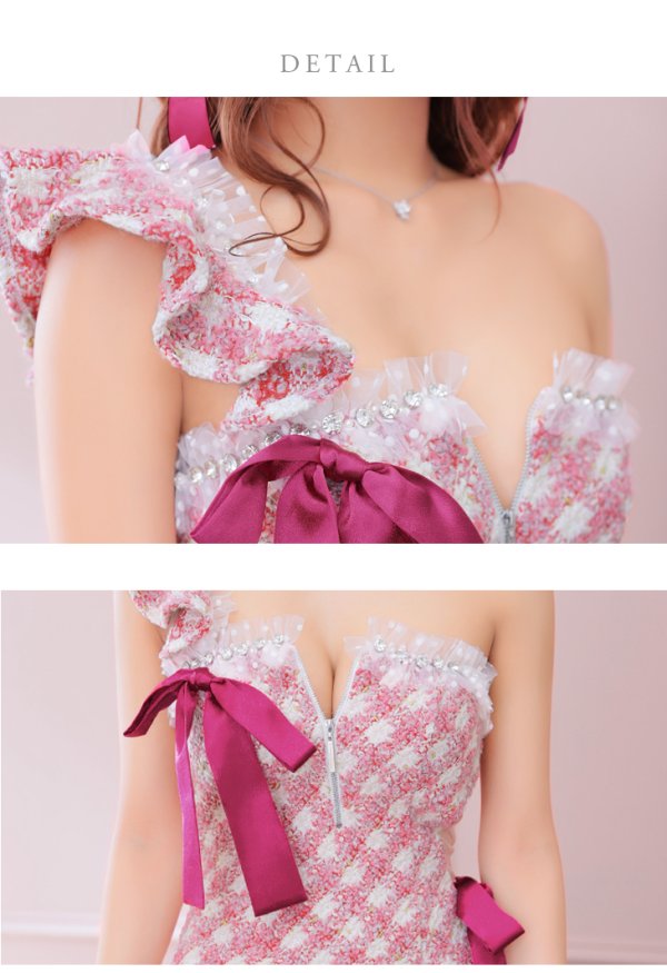 画像9: sugar限定コラボ☆XS-Lサイズあり【ROBE de FLEURS/ローブドフルール】ツイード/ リボン/ ワンショルダー/ フロントジップ/ タイト/ ミニドレス/ キャバドレス[OF08] (9)