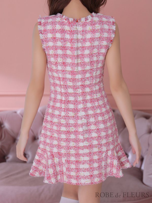 画像9: sugar限定コラボ☆XS-Lサイズあり【ROBE de FLEURS/ローブドフルール】ツイード/ フロントジップ/ ノースリーブ/ 裾フリル/ マーメイド/ ミニドレス/ キャバドレス[OF08] (9)