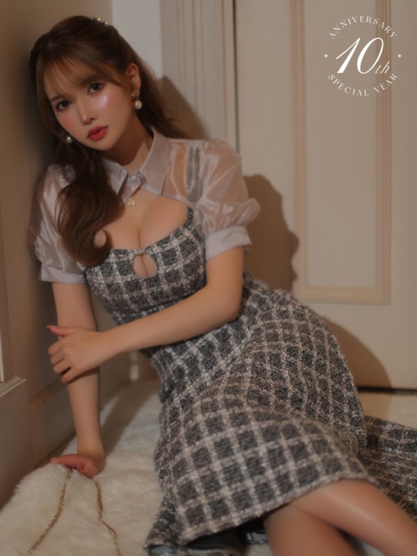 10th SPECIAL COLLECTION 【ROBE de FLEURS/ローブドフルール】Venus Tweed Midi Dress/ ツイード/ 切替/ 襟付き/ 袖あり/ パフスリーブ/ タイト/ ミディアムドレス/ キャバドレス　グレー