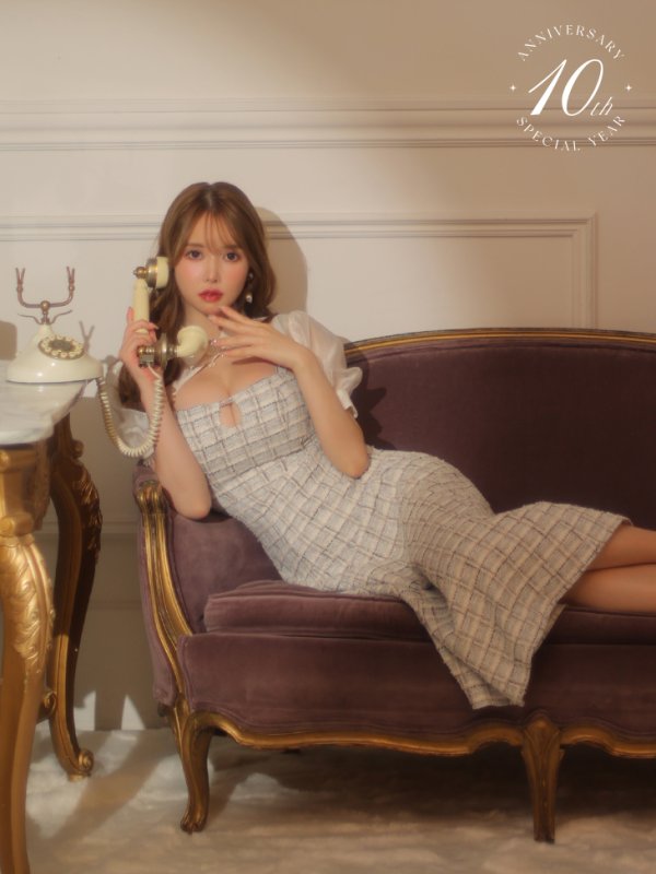 画像3: 10th SPECIAL COLLECTION 【ROBE de FLEURS/ローブドフルール】Venus Tweed Midi Dress/ ツイード/ 切替/ 襟付き/ 袖あり/ パフスリーブ/ タイト/ ミディアムドレス/ キャバドレス[OF08] (3)