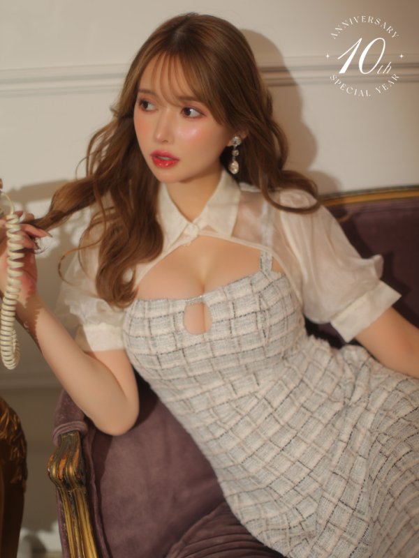 画像5: 10th SPECIAL COLLECTION 【ROBE de FLEURS/ローブドフルール】Venus Tweed Midi Dress/ ツイード/ 切替/ 襟付き/ 袖あり/ パフスリーブ/ タイト/ ミディアムドレス/ キャバドレス[OF08] (5)