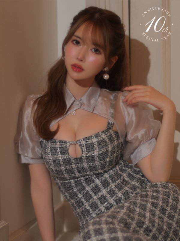 画像6: 10th SPECIAL COLLECTION 【ROBE de FLEURS/ローブドフルール】Venus Tweed Midi Dress/ ツイード/ 切替/ 襟付き/ 袖あり/ パフスリーブ/ タイト/ ミディアムドレス/ キャバドレス[OF08] (6)