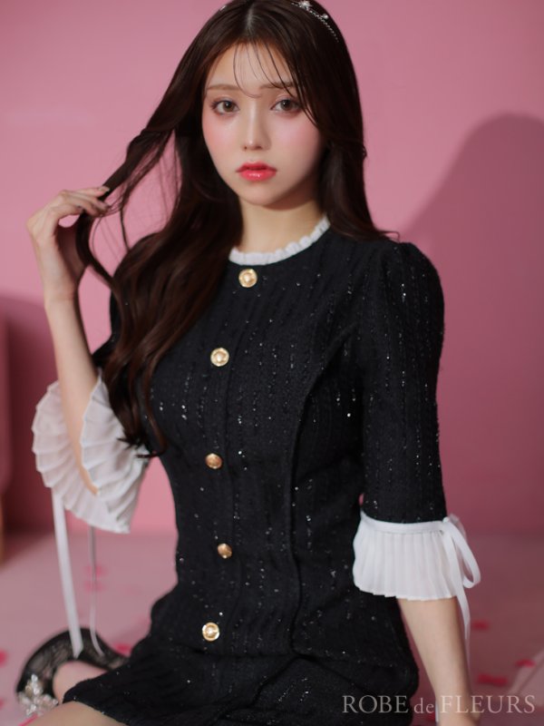 画像7: XSサイズあり【ROBE de FLEURS/ローブドフルール】ラメツイード/ 七分袖/ 袖フリル/ リボン/ フレア/ ミニドレス/ キャバドレス[OF08] (7)