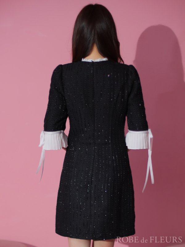 画像8: XSサイズあり【ROBE de FLEURS/ローブドフルール】ラメツイード/ 七分袖/ 袖フリル/ リボン/ フレア/ ミニドレス/ キャバドレス[OF08] (8)