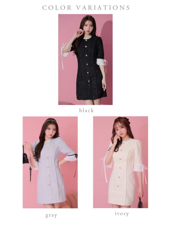 画像15: XSサイズあり【ROBE de FLEURS/ローブドフルール】ラメツイード/ 七分袖/ 袖フリル/ リボン/ フレア/ ミニドレス/ キャバドレス[OF08] (15)