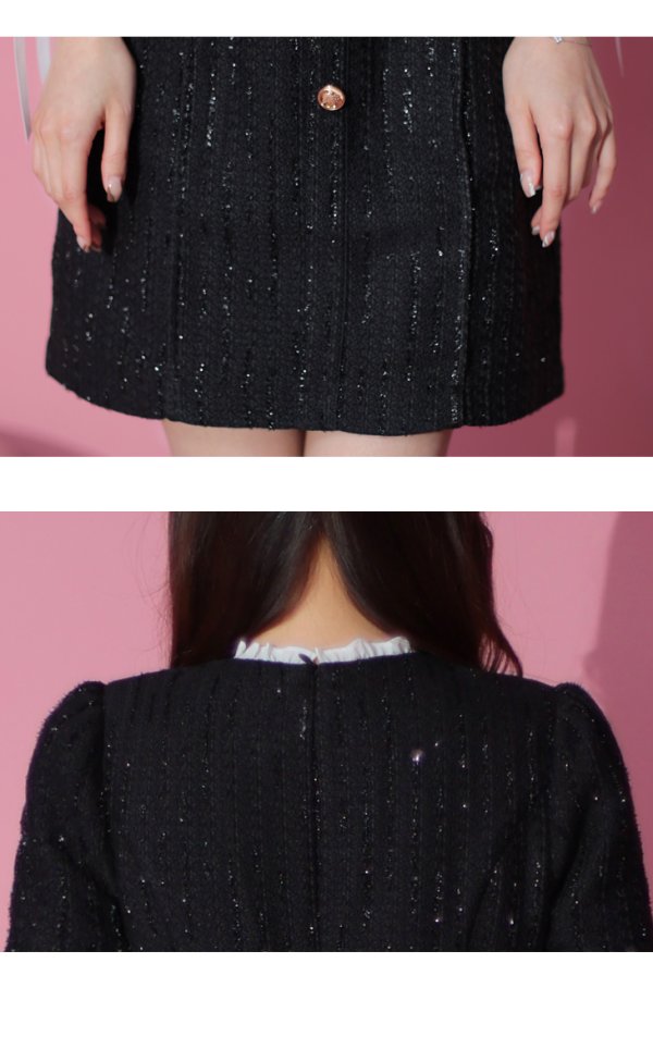 画像14: XSサイズあり【ROBE de FLEURS/ローブドフルール】ラメツイード/ 七分袖/ 袖フリル/ リボン/ フレア/ ミニドレス/ キャバドレス[OF08] (14)