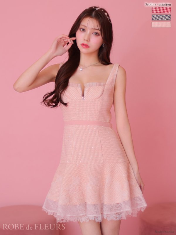 画像6: XSサイズあり【ROBE de FLEURS/ローブドフルール】ツイード/ ギンガムチェック/ フロントジップ/ ノースリーブ/ スパンコール/ フレア/ ミニドレス/ キャバドレス[OF08] (6)