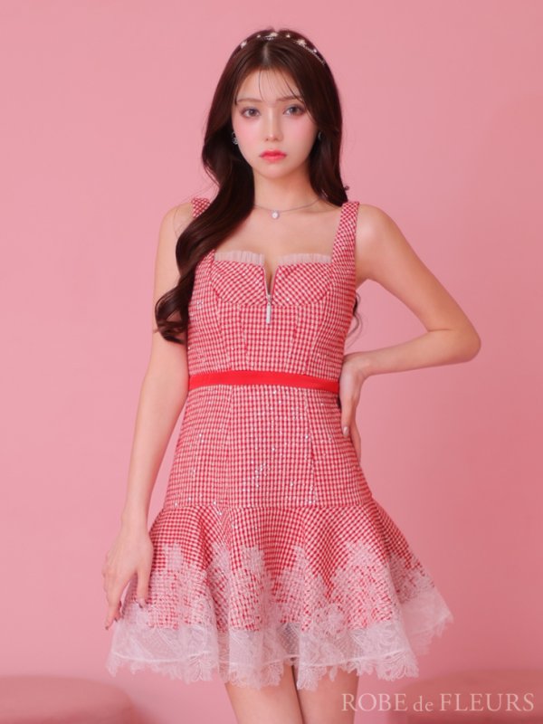 画像4: XSサイズあり【ROBE de FLEURS/ローブドフルール】ツイード/ ギンガムチェック/ フロントジップ/ ノースリーブ/ スパンコール/ フレア/ ミニドレス/ キャバドレス[OF08] (4)