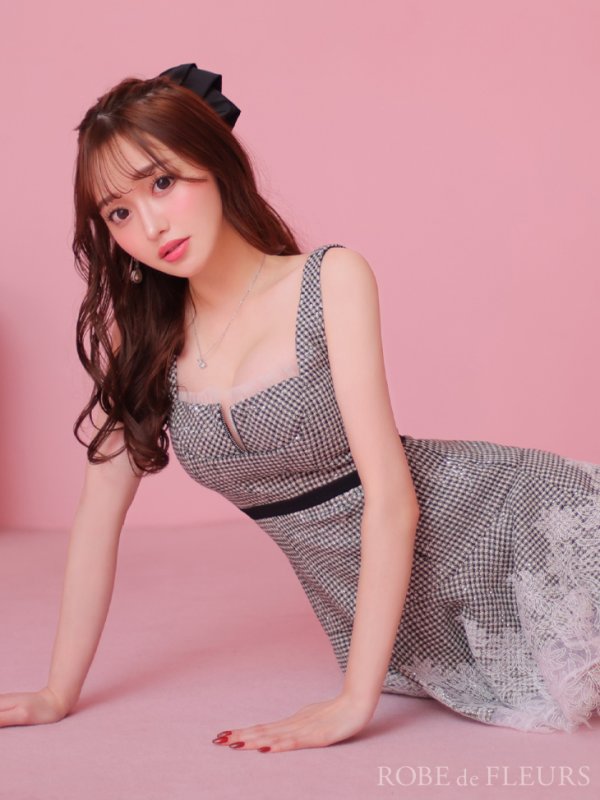 画像5: XSサイズあり【ROBE de FLEURS/ローブドフルール】ツイード/ ギンガムチェック/ フロントジップ/ ノースリーブ/ スパンコール/ フレア/ ミニドレス/ キャバドレス[OF08] (5)
