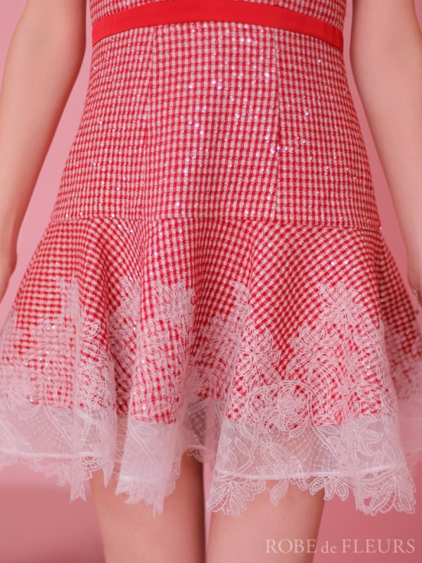 画像8: XSサイズあり【ROBE de FLEURS/ローブドフルール】ツイード/ ギンガムチェック/ フロントジップ/ ノースリーブ/ スパンコール/ フレア/ ミニドレス/ キャバドレス[OF08] (8)