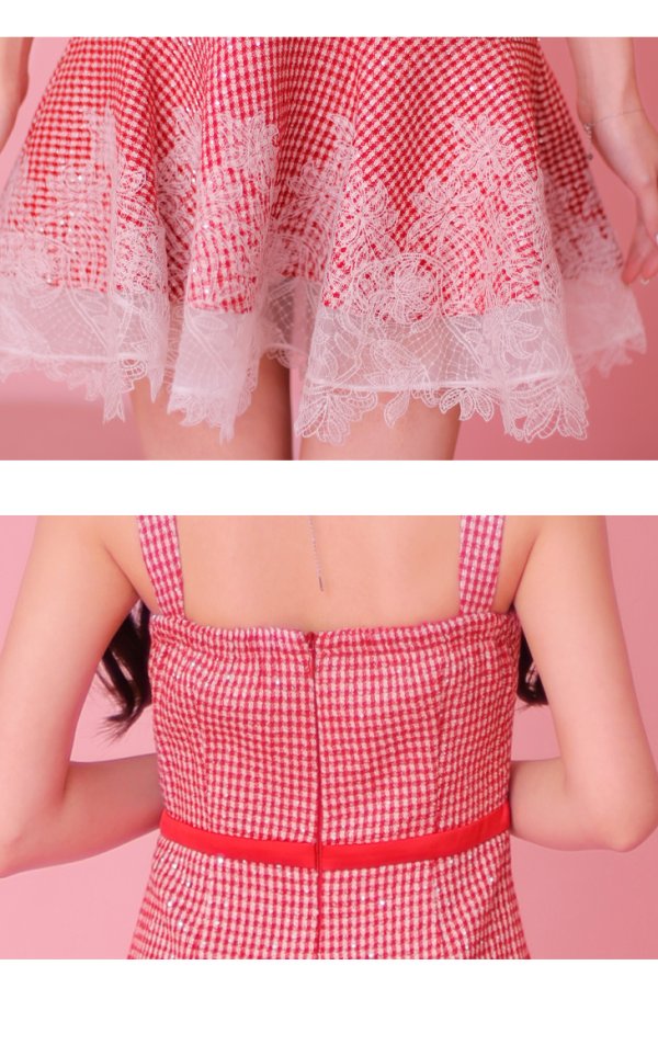 画像11: XSサイズあり【ROBE de FLEURS/ローブドフルール】ツイード/ ギンガムチェック/ フロントジップ/ ノースリーブ/ スパンコール/ フレア/ ミニドレス/ キャバドレス[OF08] (11)