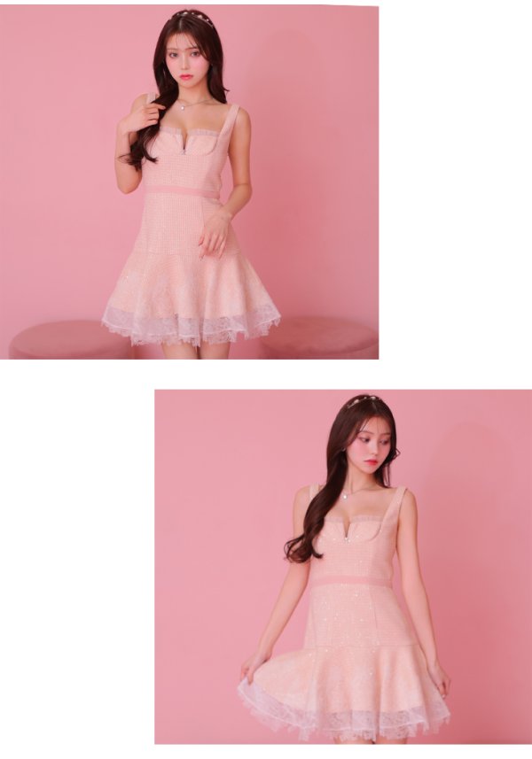 画像13: XSサイズあり【ROBE de FLEURS/ローブドフルール】ツイード/ ギンガムチェック/ フロントジップ/ ノースリーブ/ スパンコール/ フレア/ ミニドレス/ キャバドレス[OF08] (13)