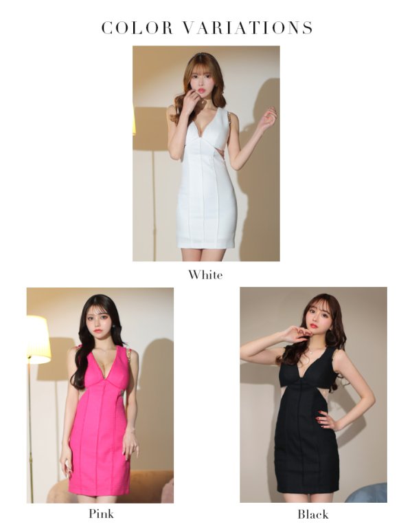 画像15: XSサイズあり【Glossy/グロッシー】サイドシースルー/ バストチェーン/ Vネック/ ツイード/ ノースリーブ/ ワンカラー/ タイト/ ミニドレス/ キャバドレス[OF08] (15)