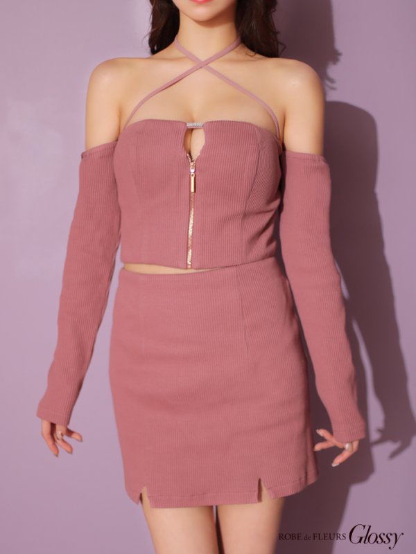 画像22: XSサイズあり【Glossy/グロッシー】リブニット/ アームカバー/ フロントジップ/ ストレッチ/ タイト/ セットアップ/ ミニドレス/ キャバドレス[OF08] (22)
