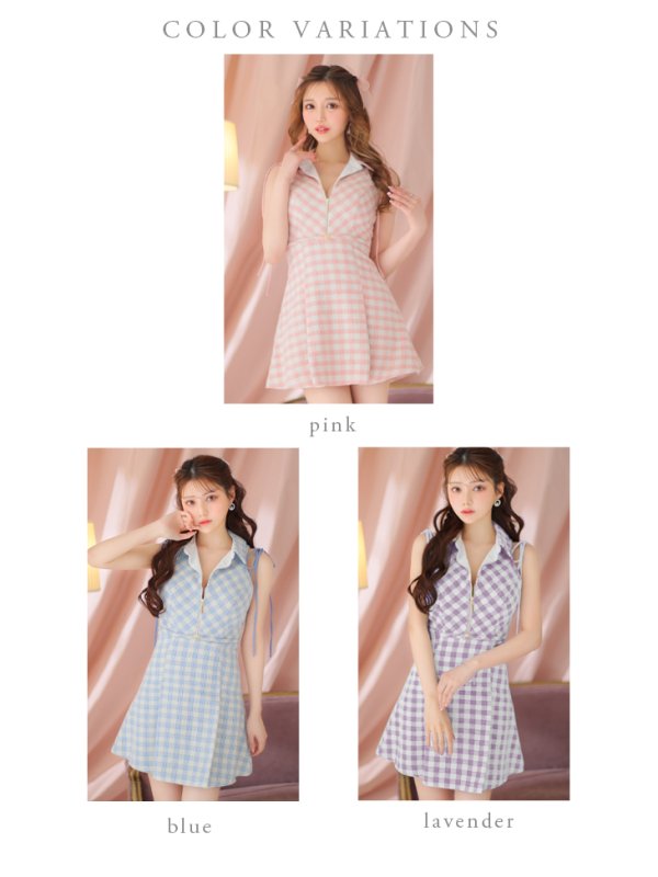 画像15: XSサイズあり【ROBE de FLEURS/ローブドフルール】襟デザイン/ スプリングツイード/ ギンガムチェック/ ノースリーブ/ プリーツ/ フレア/ ミニドレス/ キャバドレス[OF08] (15)