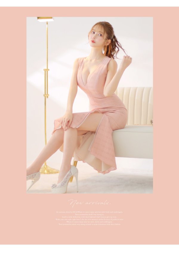 画像7: Lサイズあり【DEA./ディア】チェックレース/ マーメイド/ ノースリーブ/ Vネック/ スリット/ ミディアムドレス/ キャバドレス【OF08】 (7)