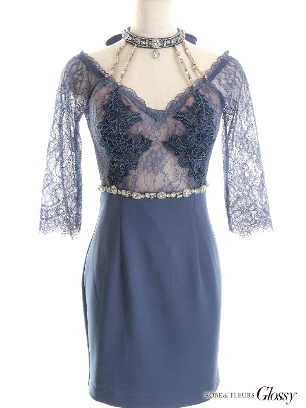 画像9: XSサイズあり【Glossy/グロッシー】ウエストシースルー/ レーススリーブ/ 袖あり/ オフショル/ タイト/ ミニドレス/ キャバドレス[OF08] (9)