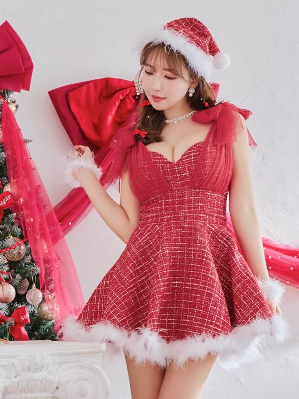 画像15: 【ノベルティ対象】【即日発送】【サンタコス 4点セット】【XS-XLサイズ/1カラー】チュールリボンツイードフレアサンタ[YMT] (15)