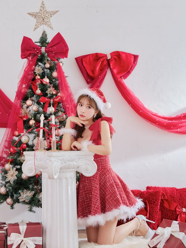 画像5: 【ノベルティ対象】【即日発送】【サンタコス 4点セット】【XS-XLサイズ/1カラー】チュールリボンツイードフレアサンタ[YMT] (5)