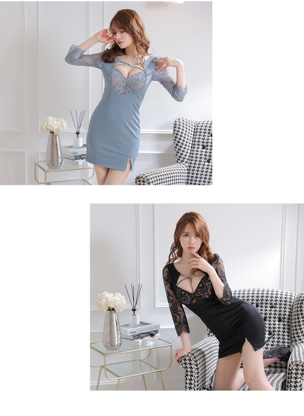 画像13: XS-Lサイズあり【Glossy/グロッシー】クロスビジュー/ 五分袖/ 袖あり/ ストレッチ/ タイト/ ミニドレス/ キャバドレス[OF08] (13)